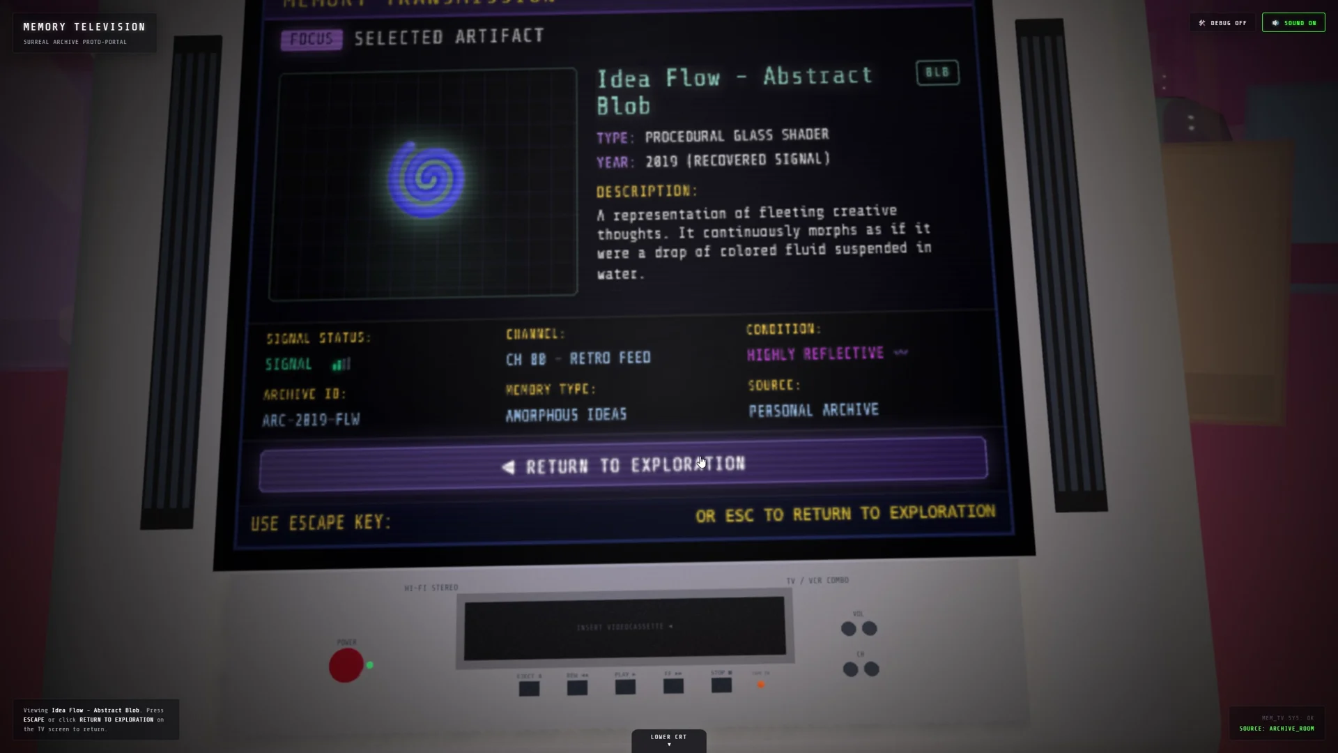CRT Memory Transmission inspection mode displaying artifact ARC-2019-FLW with shader telemetry and description.