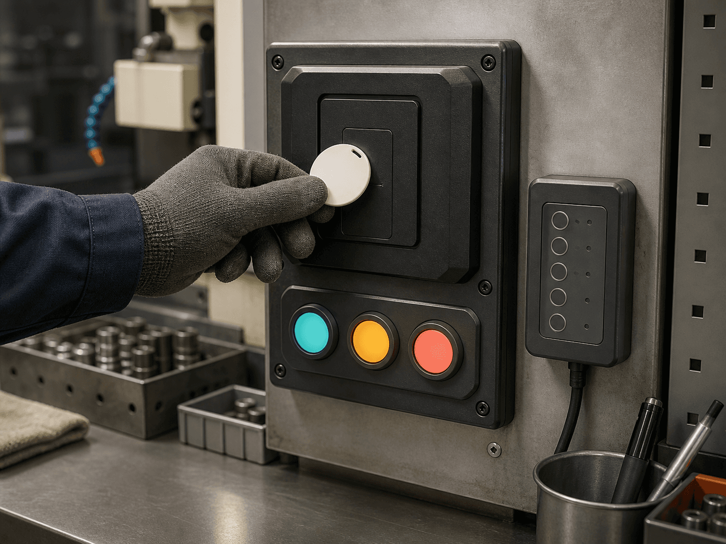 Anonymous gloved hand presenting an unbranded badge to a fictional rugged workstation terminal with teal, amber, and coral status controls.