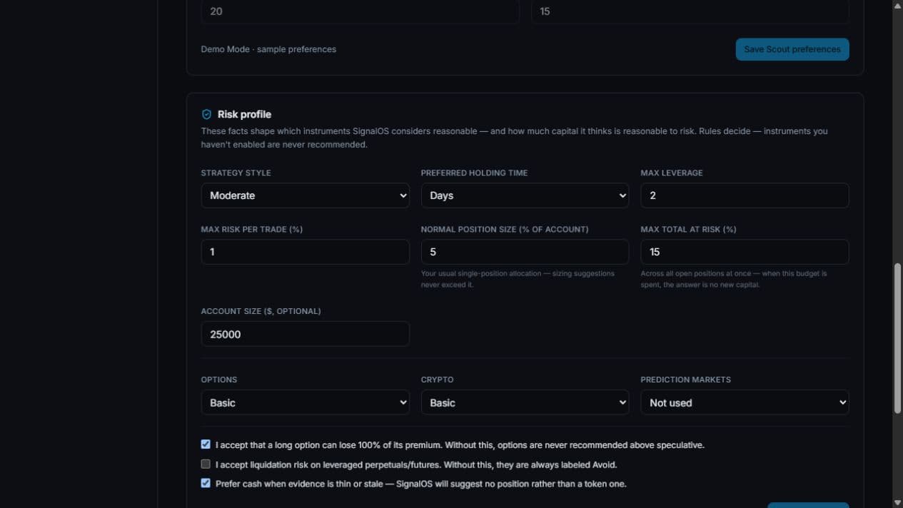 SignalOS risk-profile settings with sample limits for leverage, risk per trade, position size, total risk, account size, and enabled instruments.