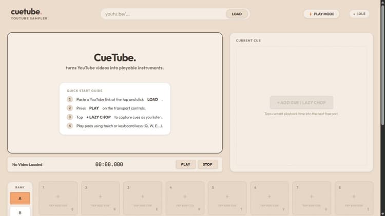 CueTube interface showing YouTube video player and playable sampling pads